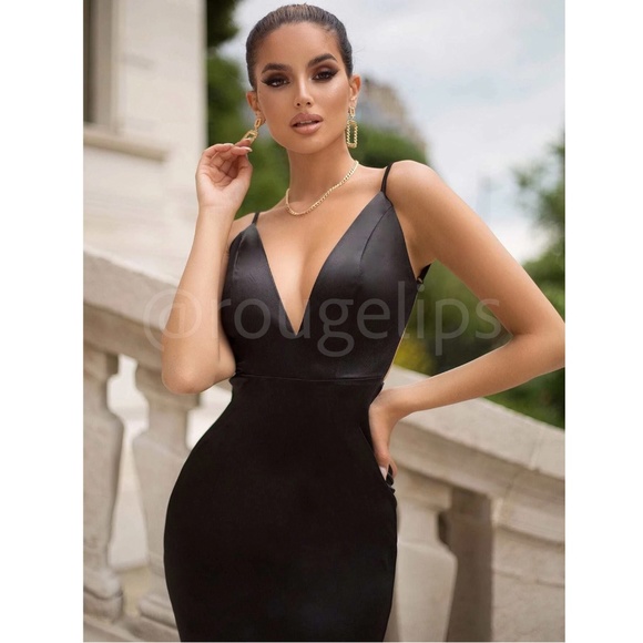 Black Deep V Neck Backless Ruched Long Slip Sheath Dress Evening Gown Prom - Picture 4 of 16